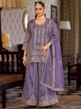 Lavender Embroidered Straight Kurta Palazzos With Dupatta Set